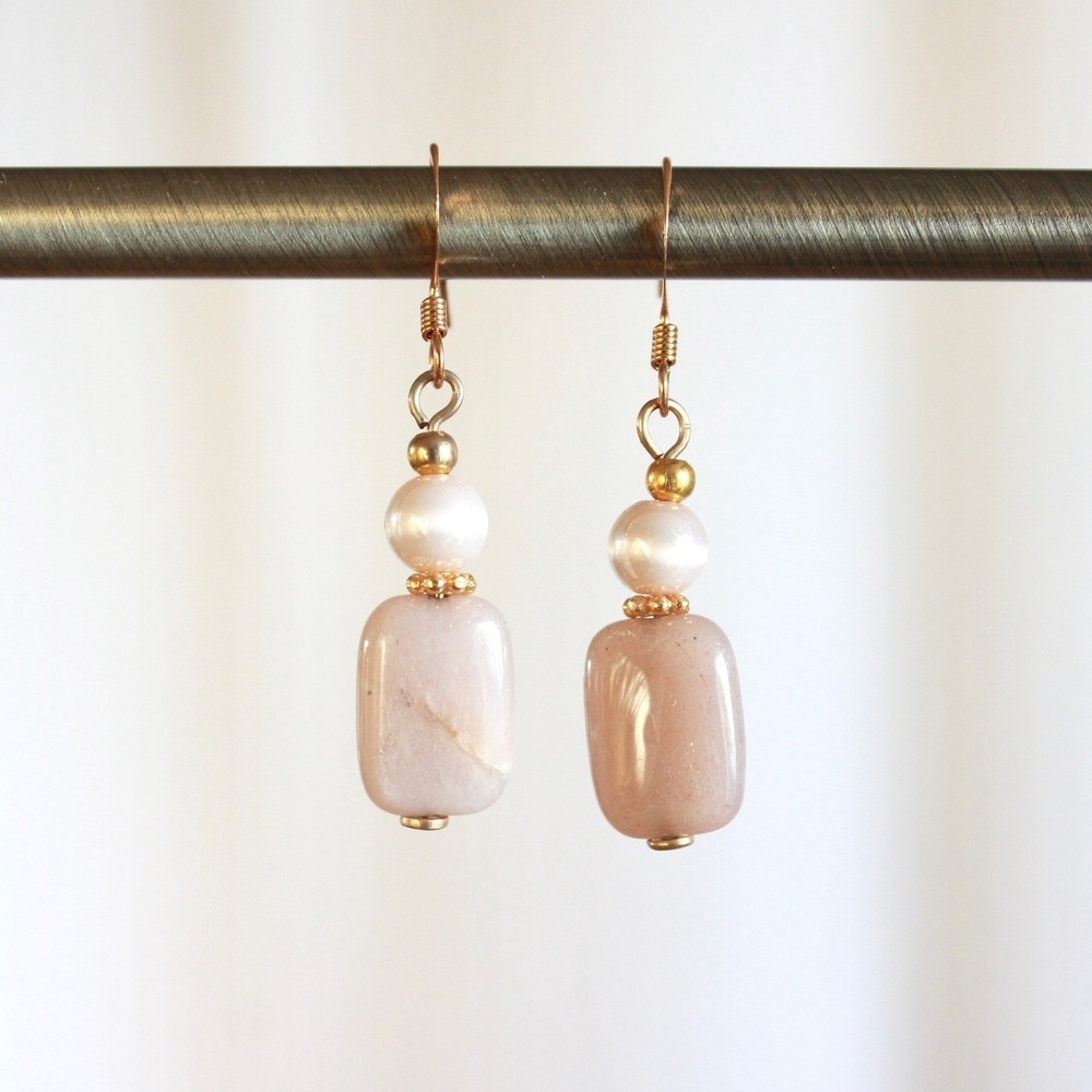 Peach Moonstone and Pearl Gold Drop Earrings Rectangle‎ Dangle Hook Womens I4